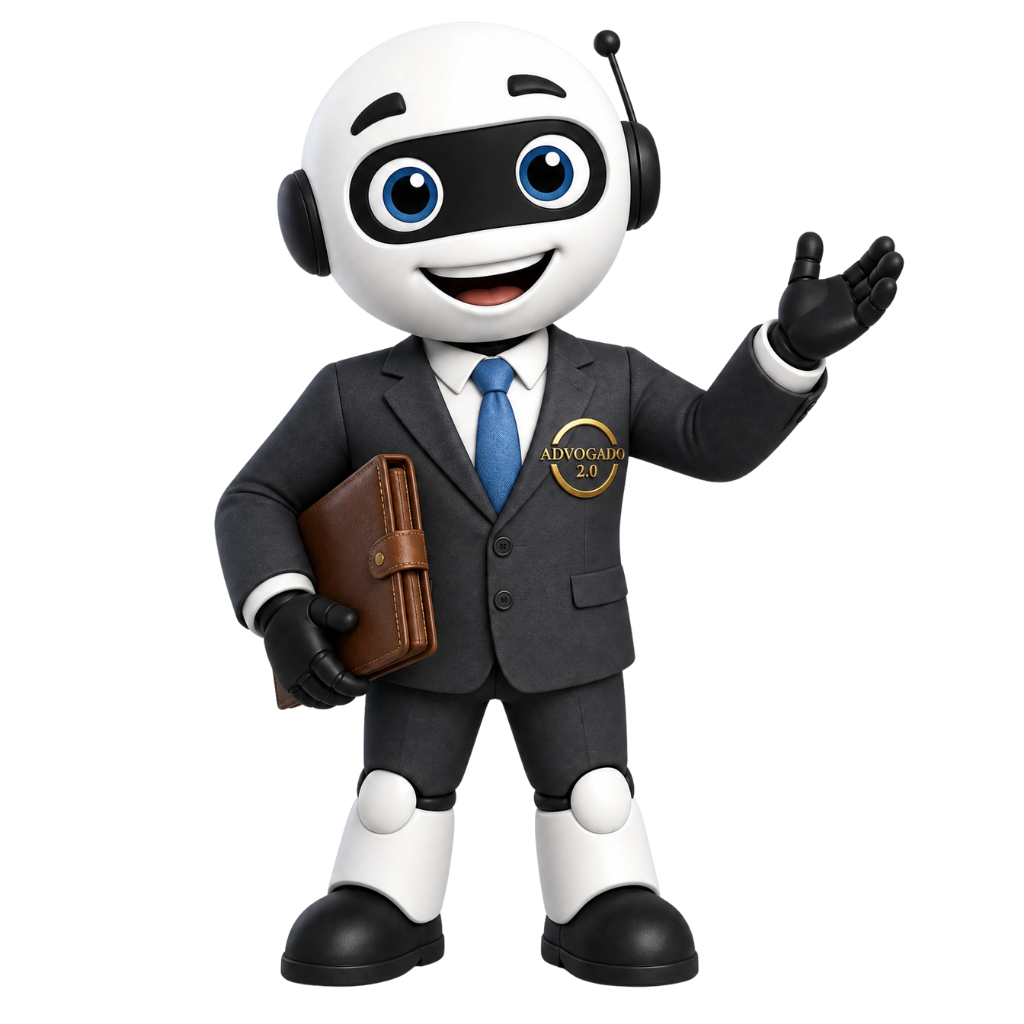 Mascote do Advogado 2.0, um advogado simpático de terno segurando uma pasta